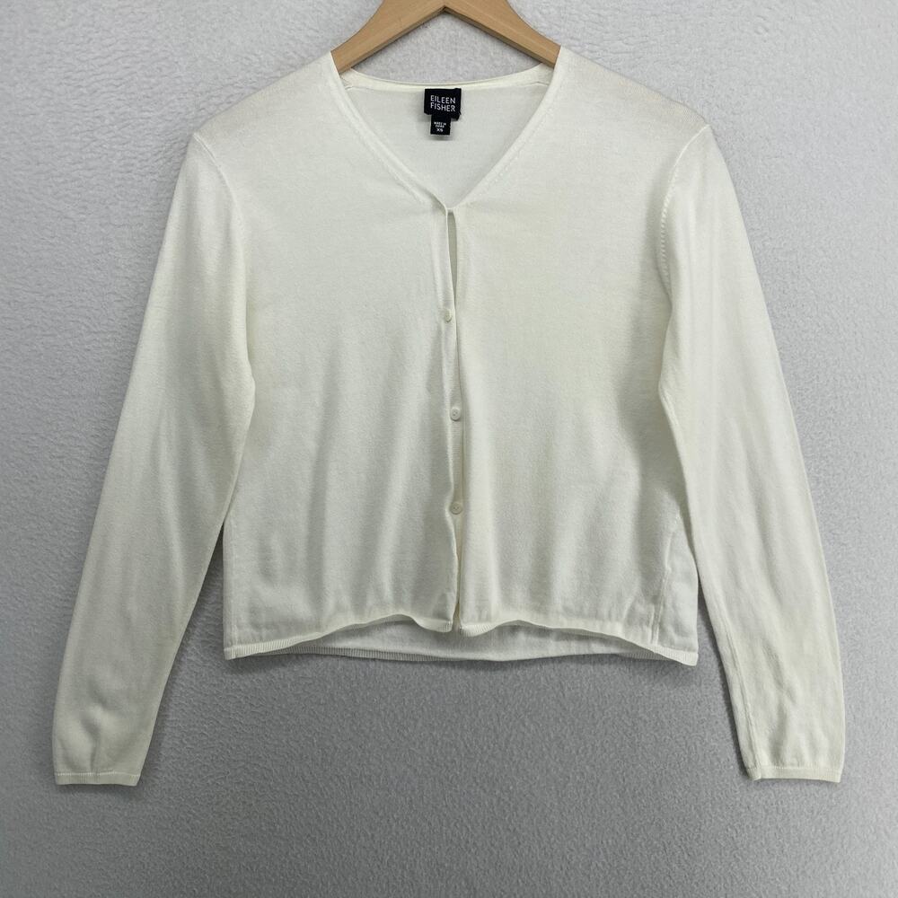 EILEEN FISHER Sweater XS Cotton Button Front V Neck Cardigan Long Sleeve White